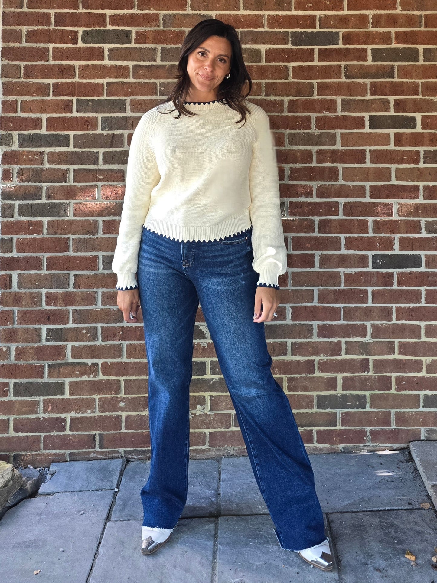 Contrast Stitch Puff Sleeve Sweater