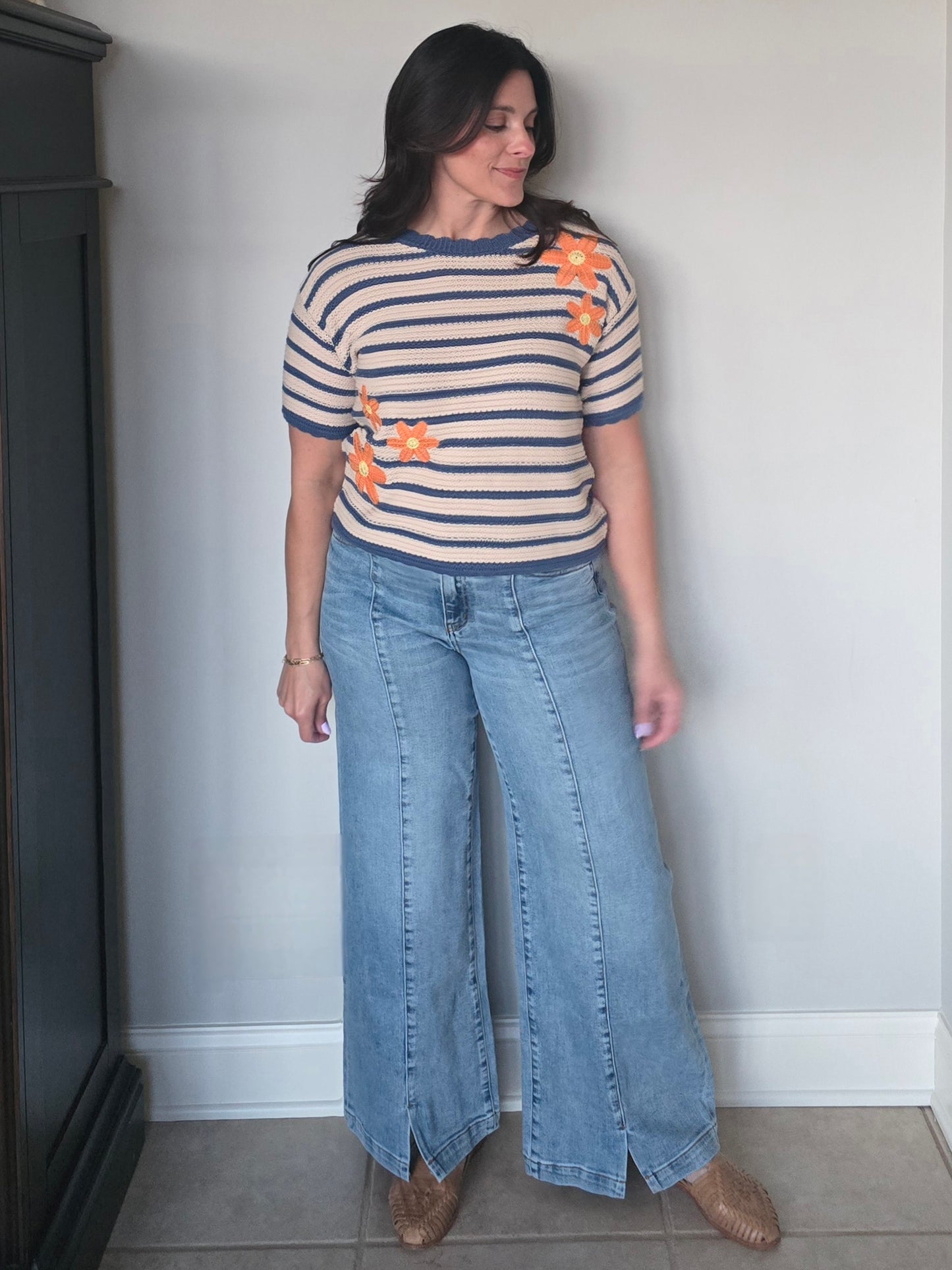 Daisy Embroidered Stripe Knit Top