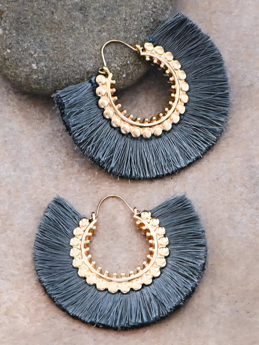 Boho Charcoal Tassel Hoop Earrings