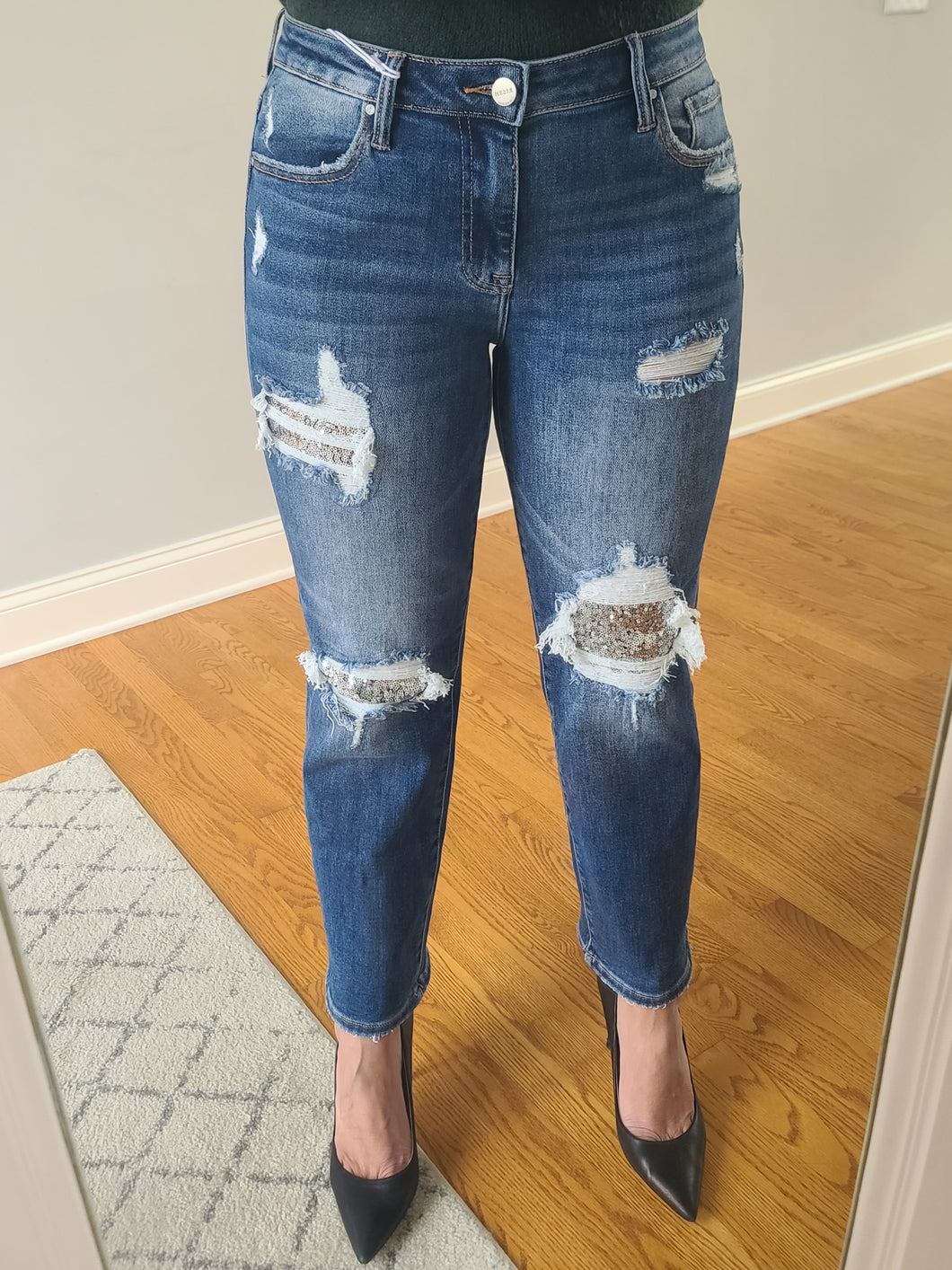 Sequin Patch Midrise Straight Leg Jeans