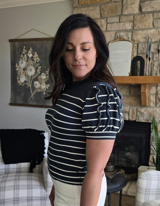Midnight Striped Puff Sleeve Knit Sweater