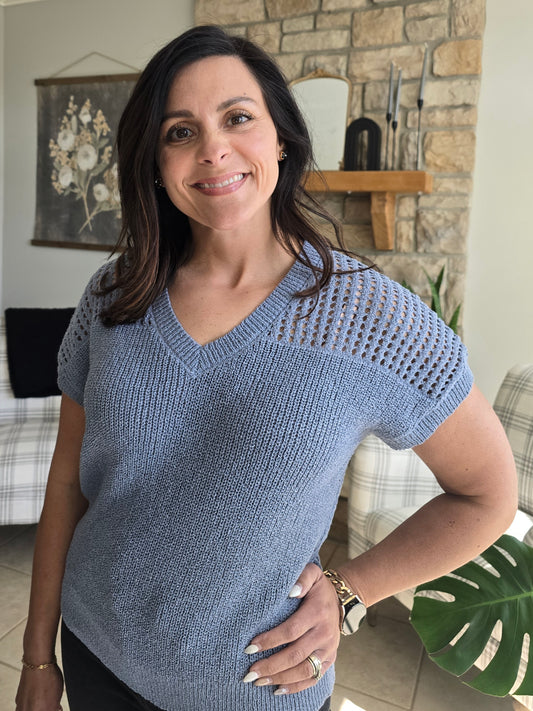 V-Neck Fishnet Back Knit Sweater