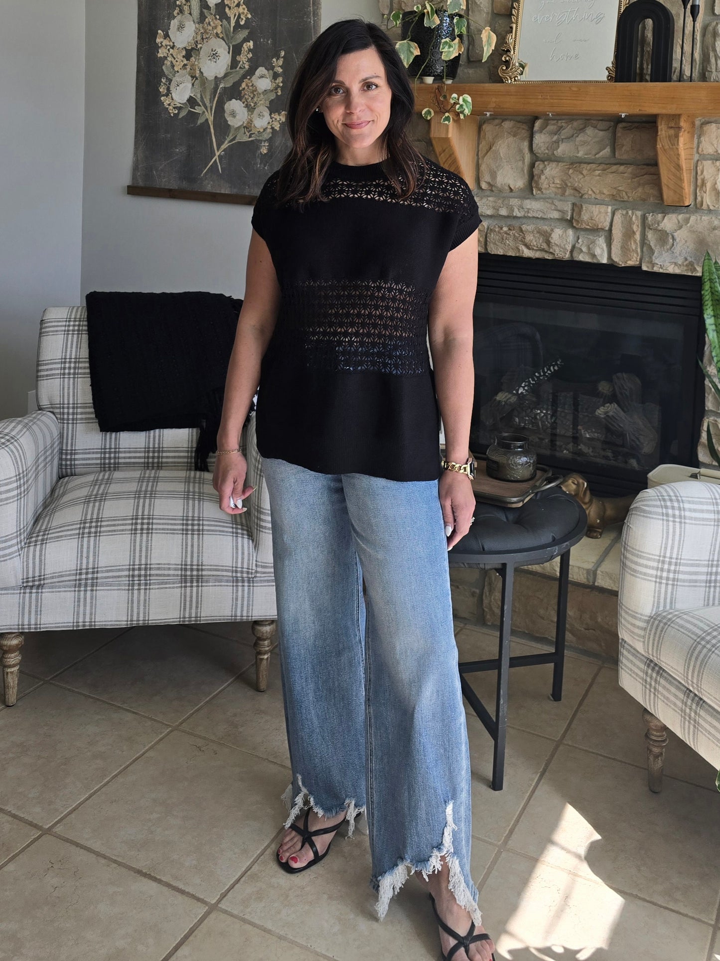 Open Knit Short Sleeve Top