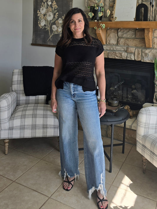 Denim Blue Destroyed Hem Straight Leg Jeans