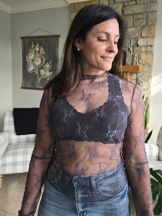 Midnight Sheer Lace Mock Neck Layering Top