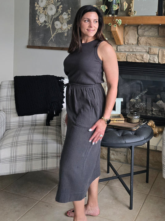 Charcoal Mixed Material Tank Midi Dress