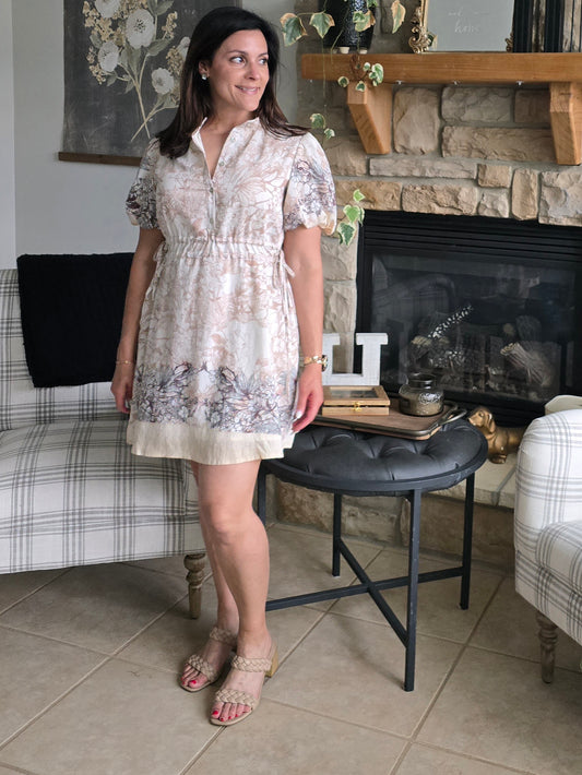Champagne Floral Print Puff Sleeve Dress