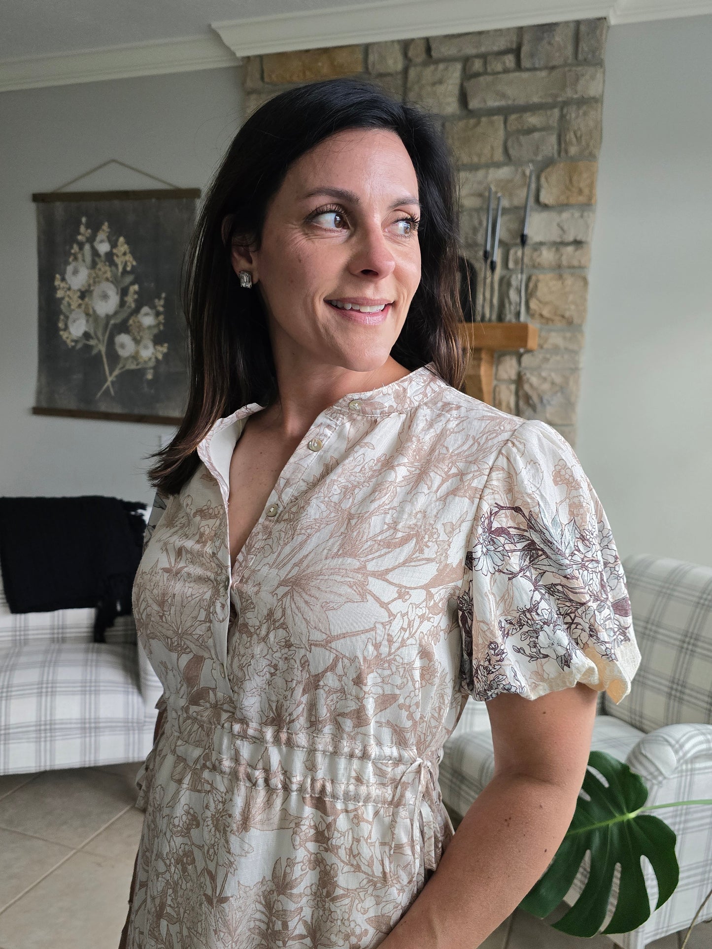 Champagne Floral Print Puff Sleeve Dress