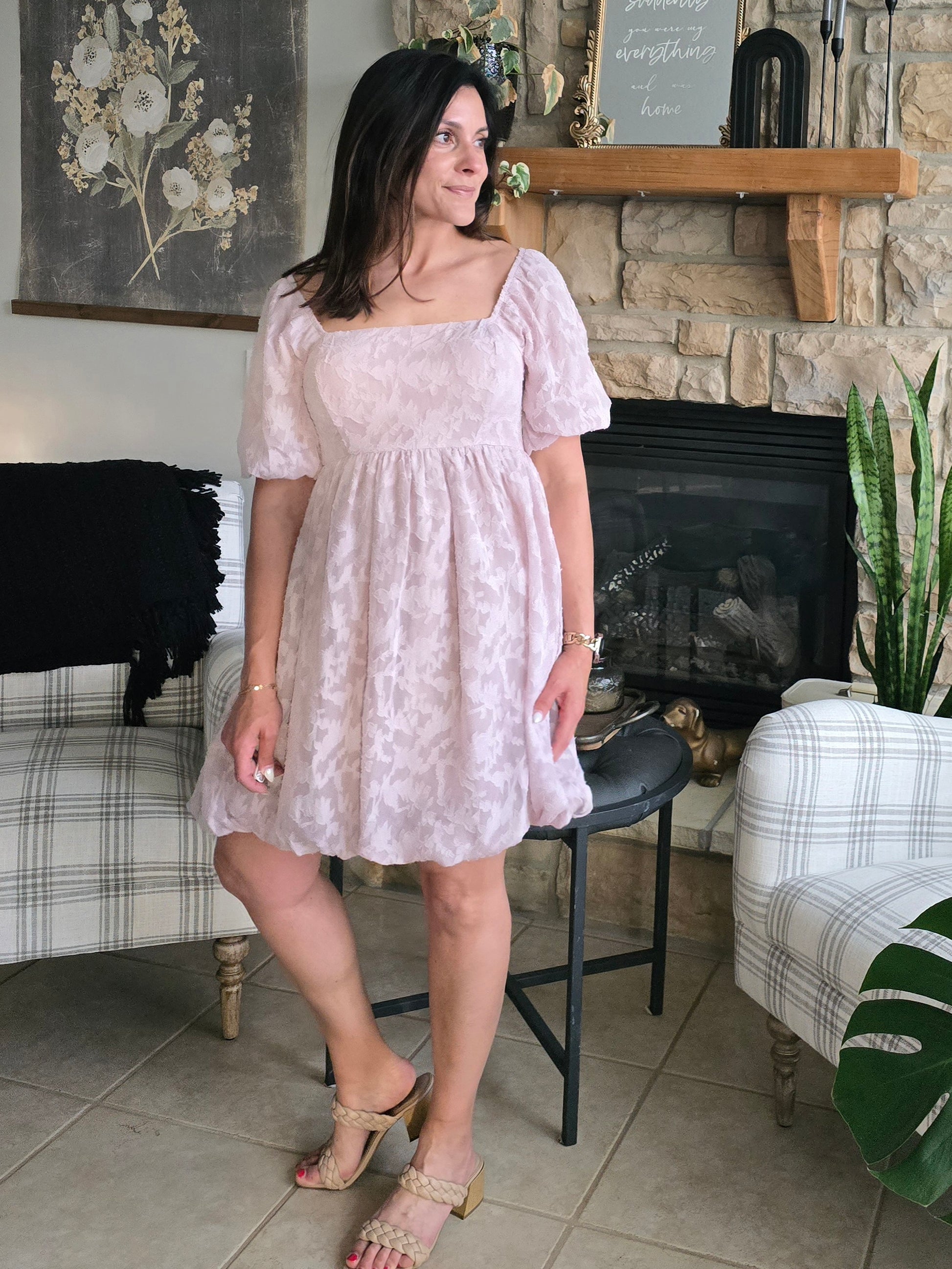 Dusty Lilac Chiffon Burnout Jacquard Print Bubble Dress