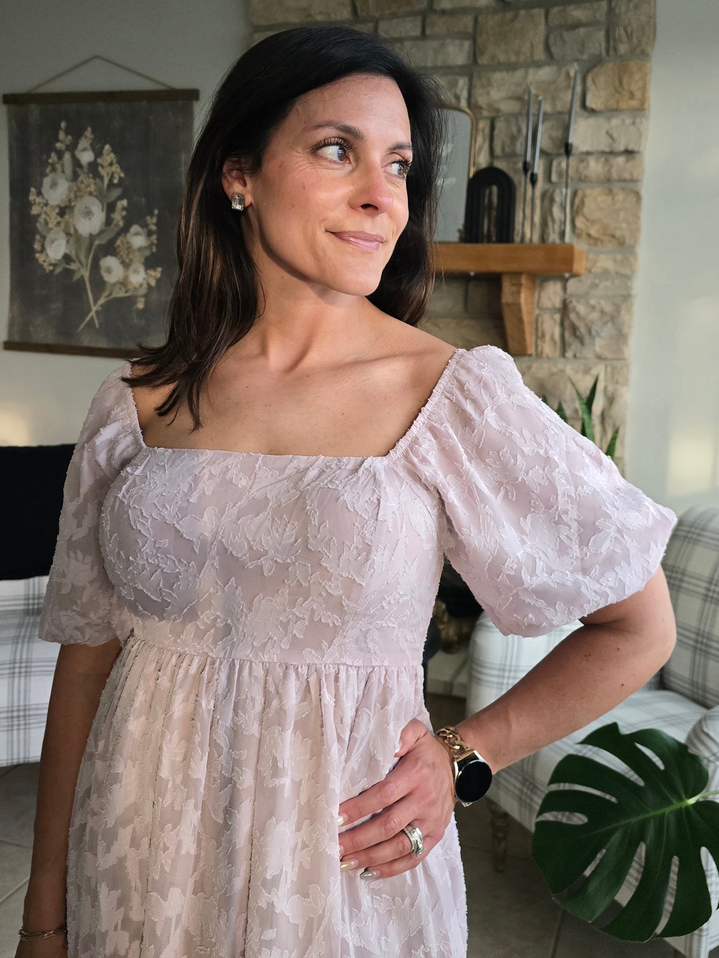 Dusty Lilac Chiffon Burnout Jacquard Print Bubble Dress