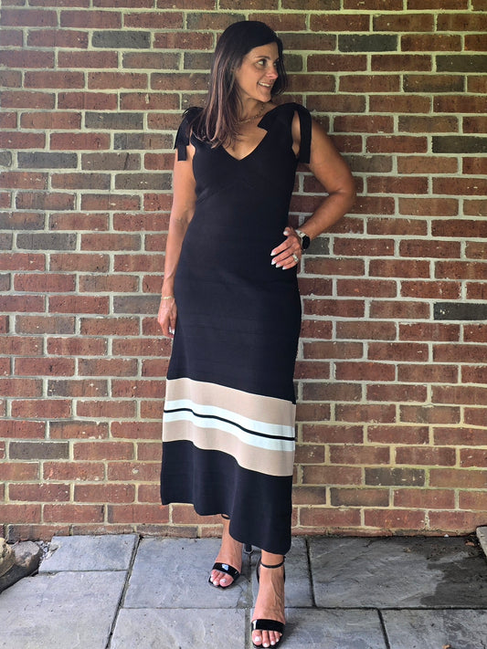 Sweater Knit Midi Dress with Bow Tie Straps