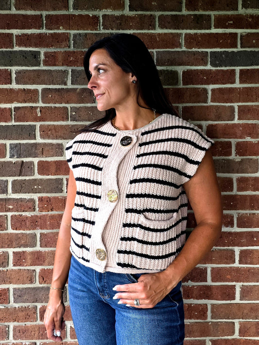 Stripe Sweater Vest with Hammered Gold Buttons