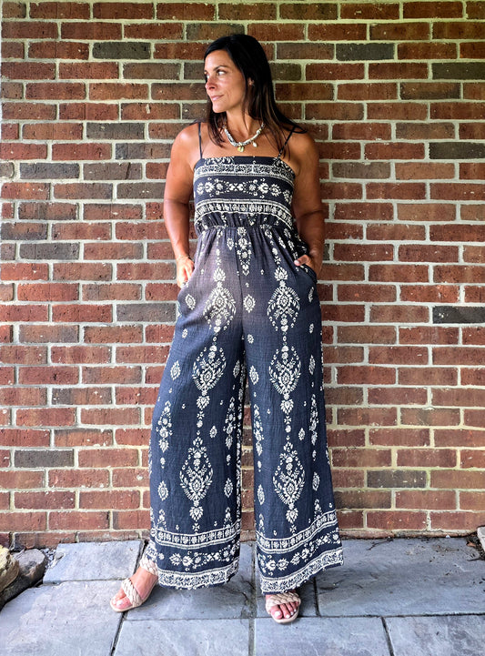 Smocked Wide Leg Printed Jumpsuit