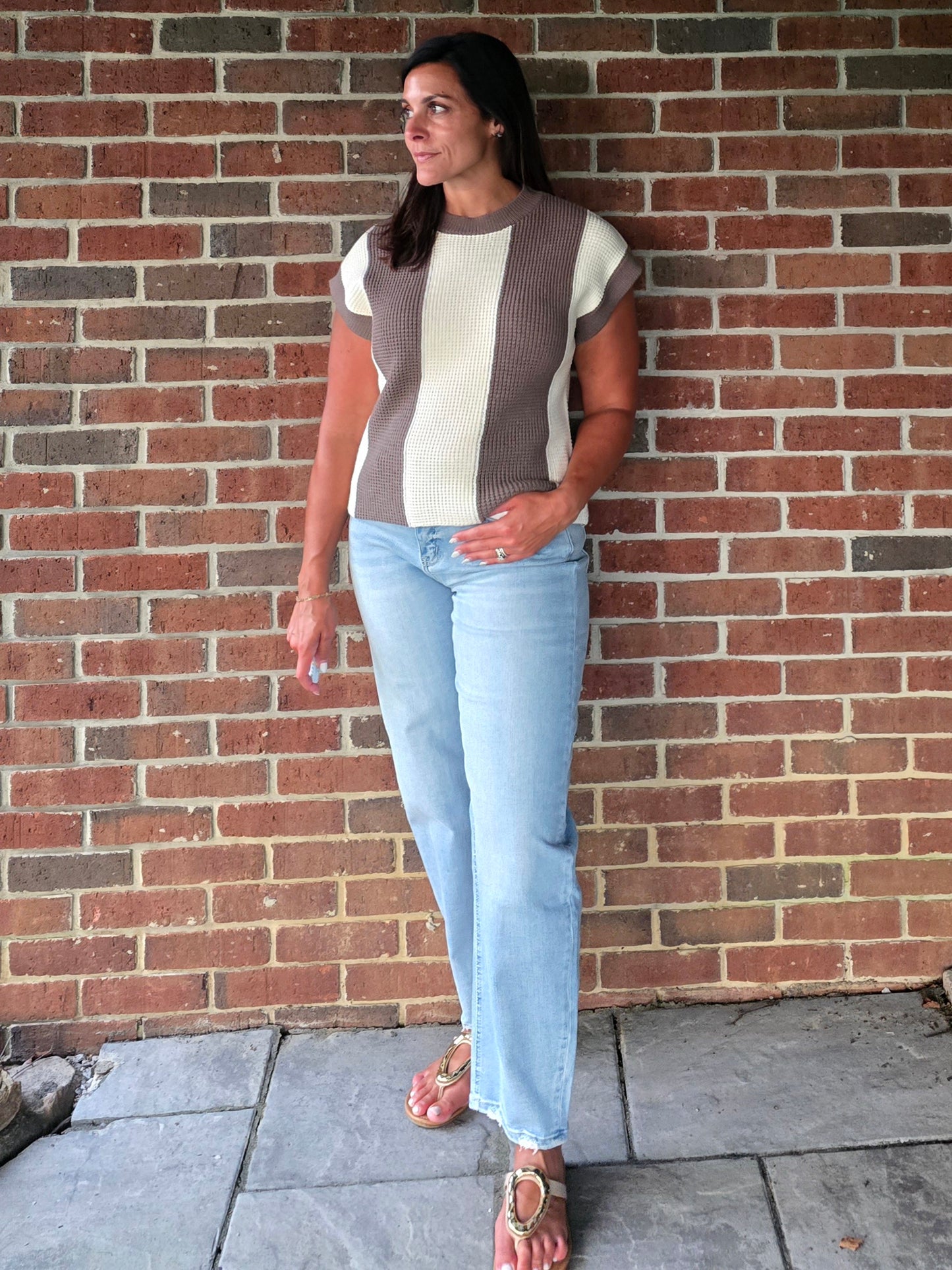 Waffle Texture Wide Vertical Stripe Top