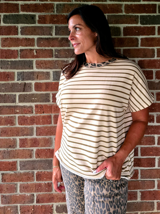 Striped French Terry Top with Leopard Trim Neckline