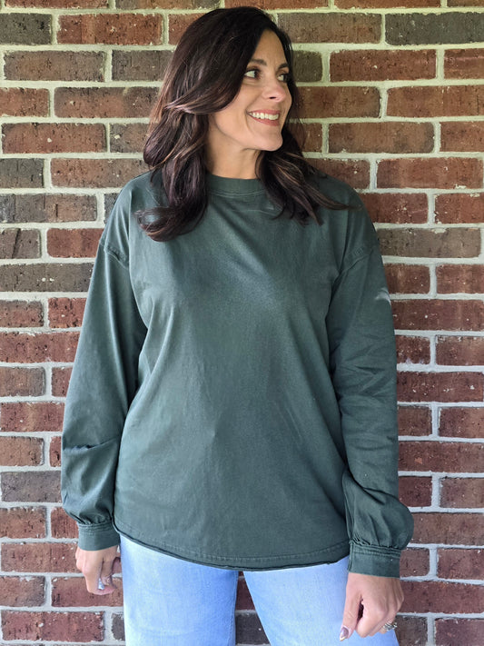 Hunter Green Pigment Washed Cotton Crew Neck Top