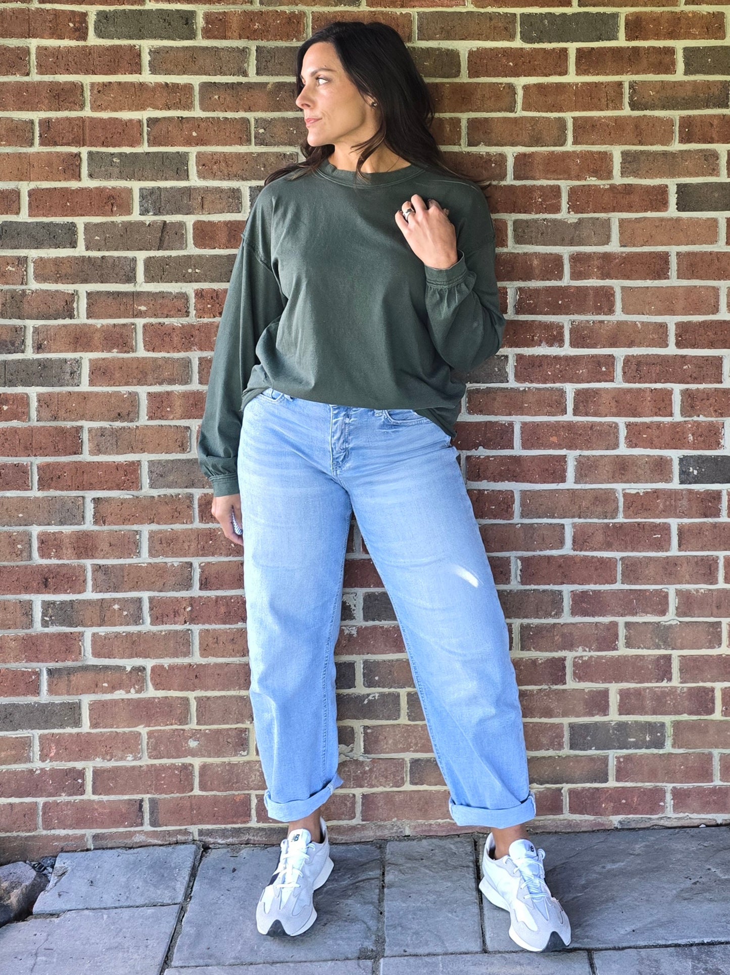 Hunter Green Pigment Washed Cotton Crew Neck Top