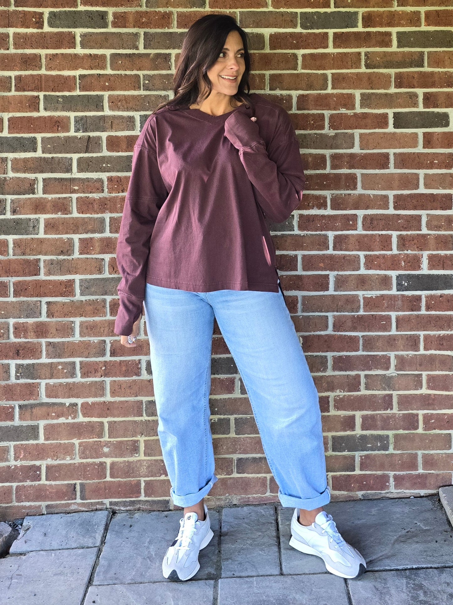 Dark Cherry Pigment Washed Cotton V-Neck Top