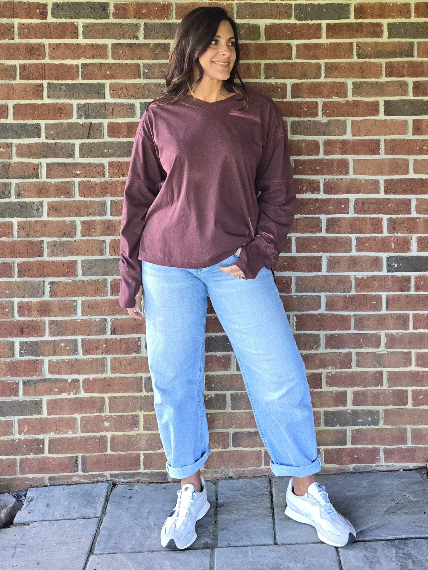 Dark Cherry Pigment Washed Cotton V-Neck Top
