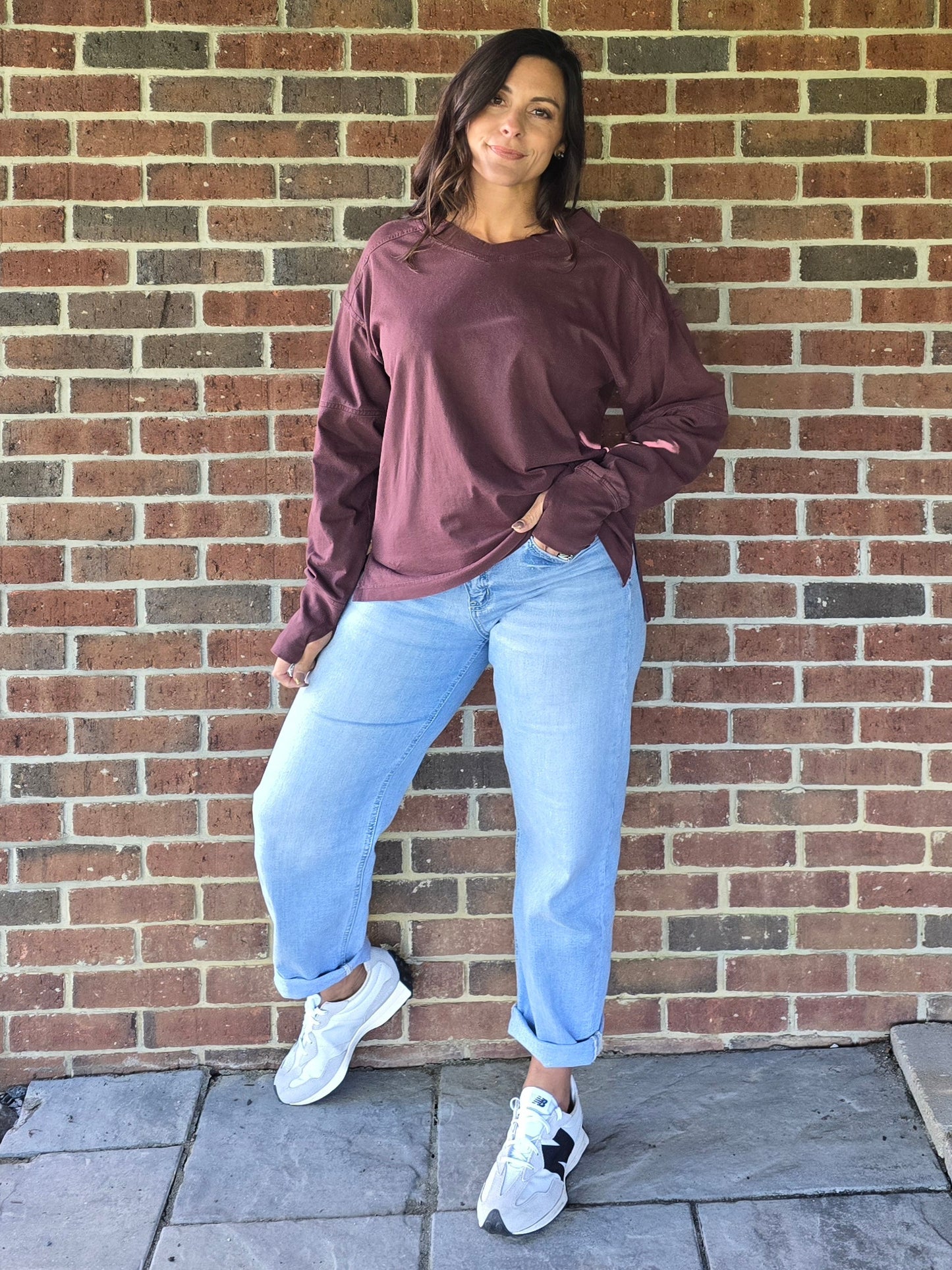 Dark Cherry Pigment Washed Cotton V-Neck Top