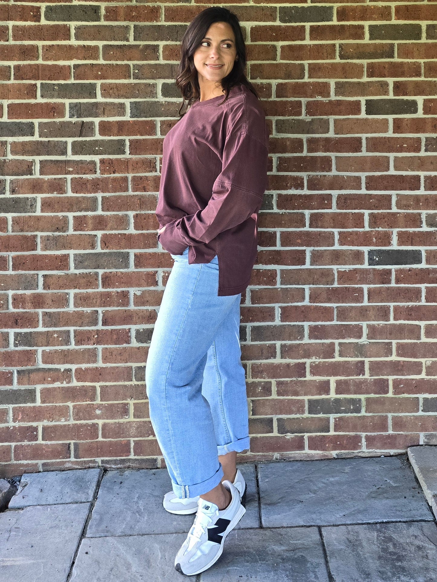Dark Cherry Pigment Washed Cotton V-Neck Top