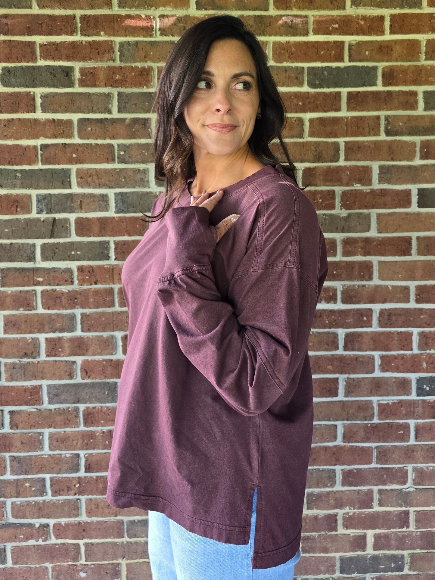 Dark Cherry Pigment Washed Cotton V-Neck Top