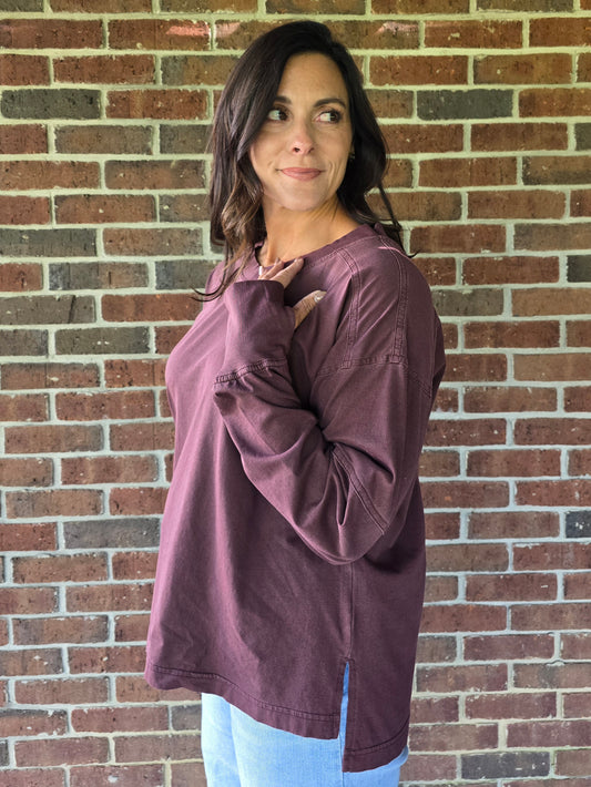 Dark Cherry Pigment Washed Cotton V-Neck Top