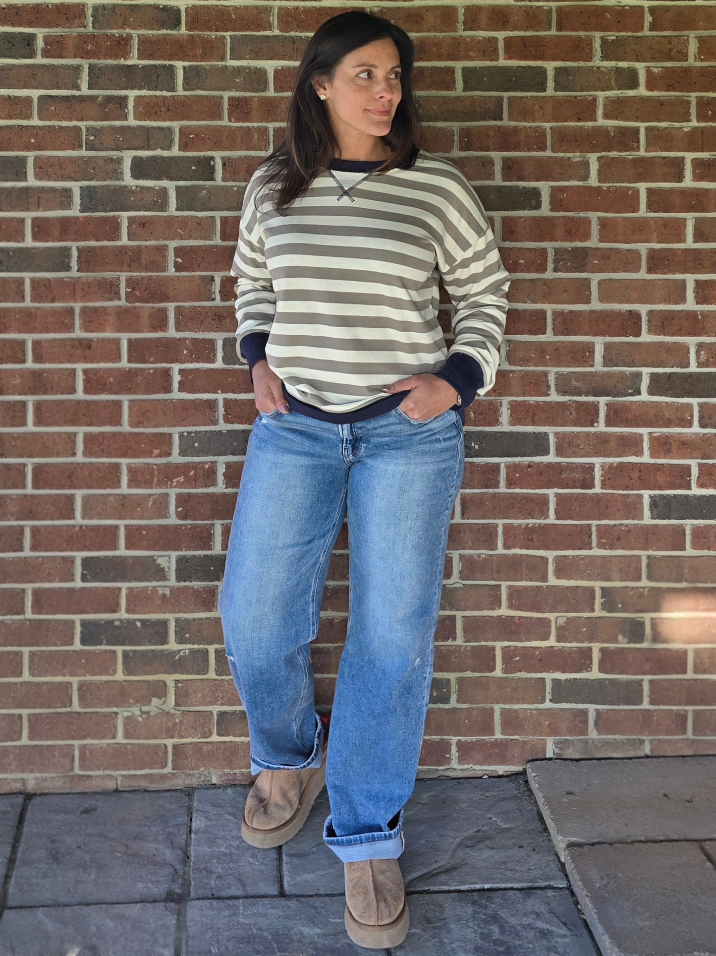 Navy Contrast Cream & Olive Stripe Pullover