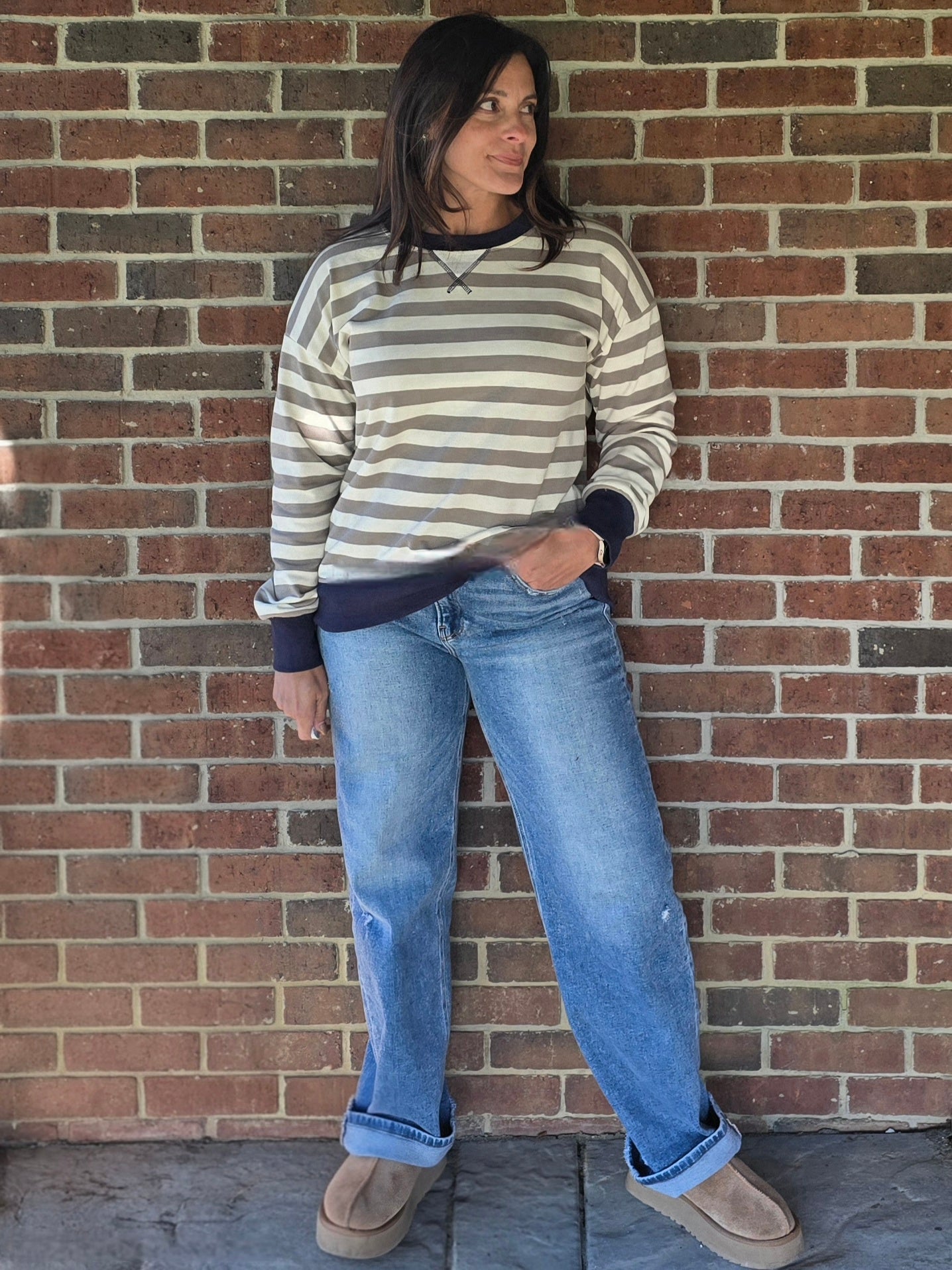 Navy Contrast Cream & Olive Stripe Pullover