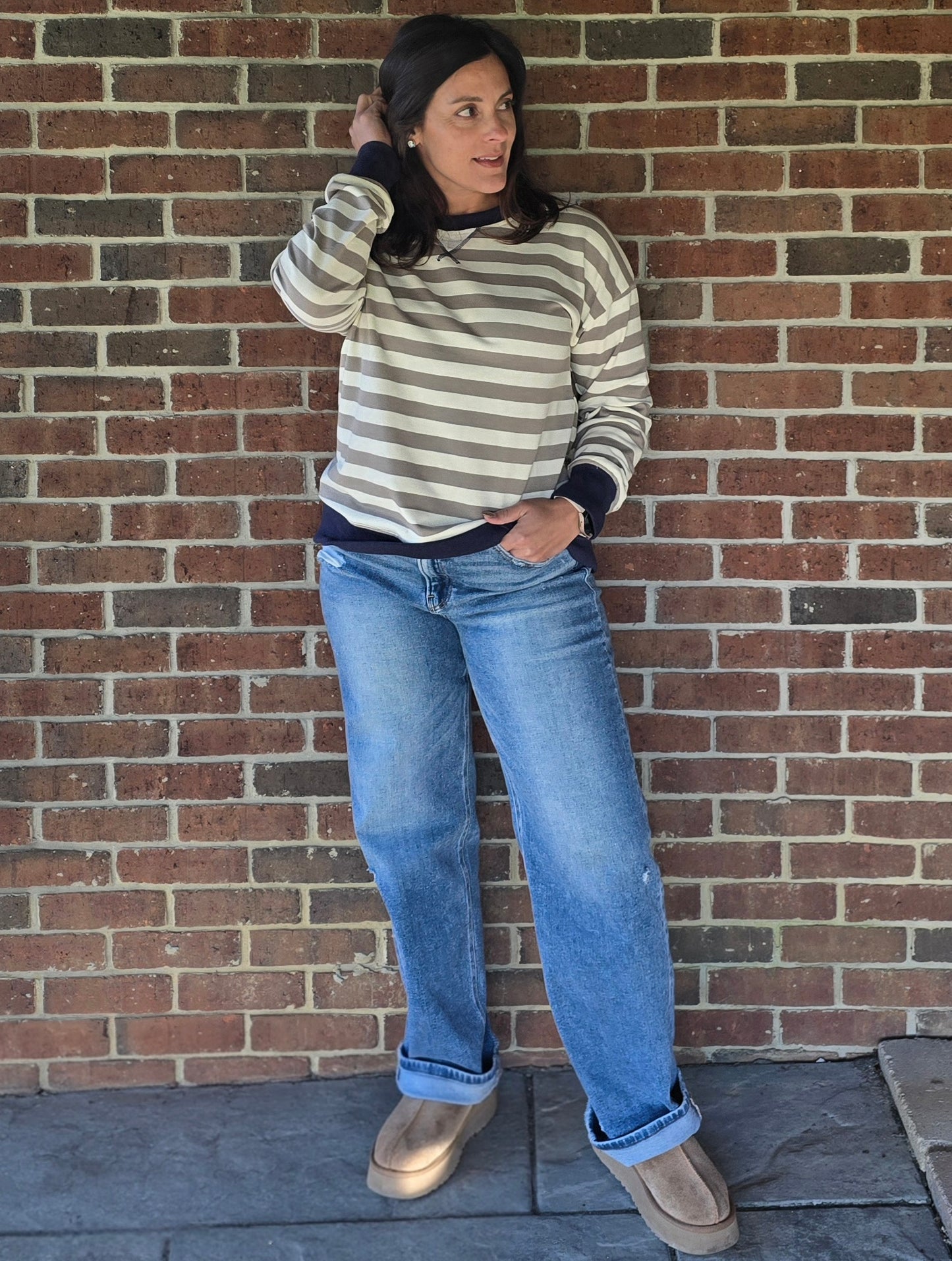 Navy Contrast Cream & Olive Stripe Pullover