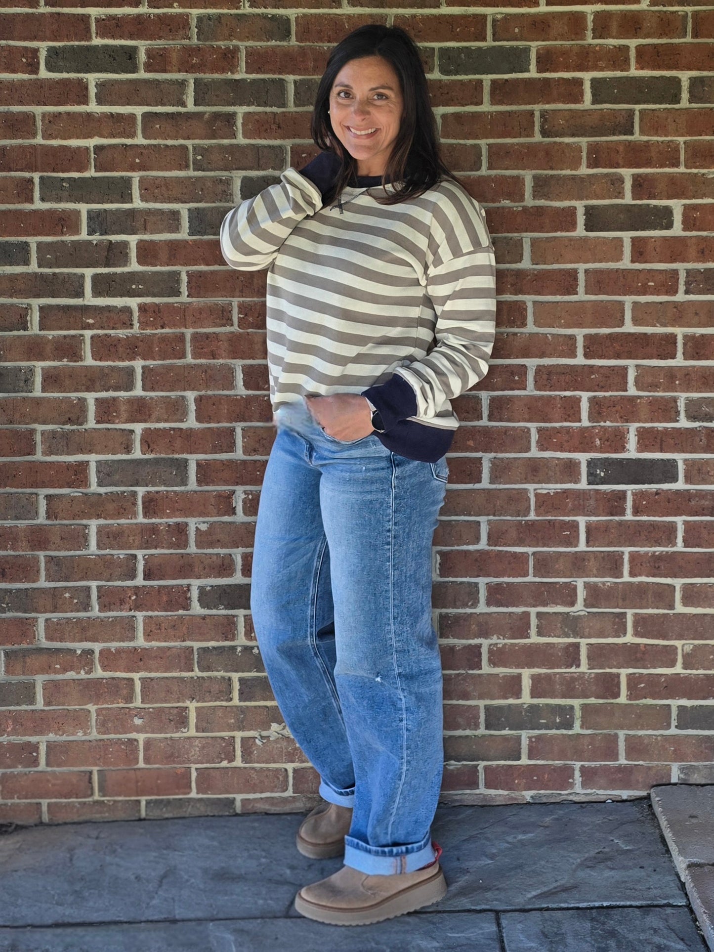Navy Contrast Cream & Olive Stripe Pullover