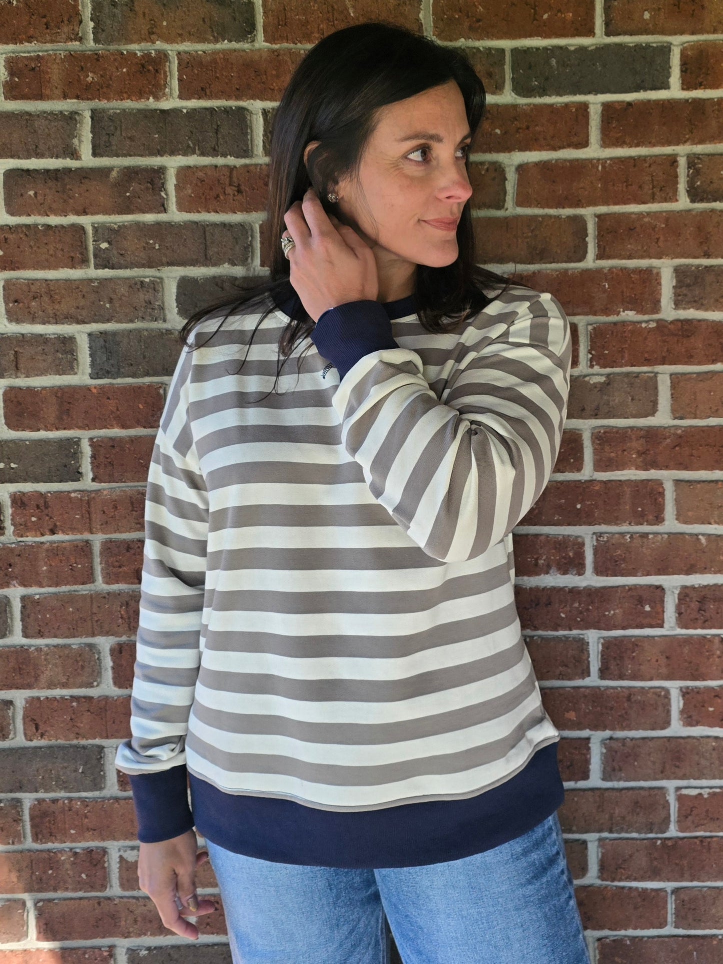 Navy Contrast Cream & Olive Stripe Pullover