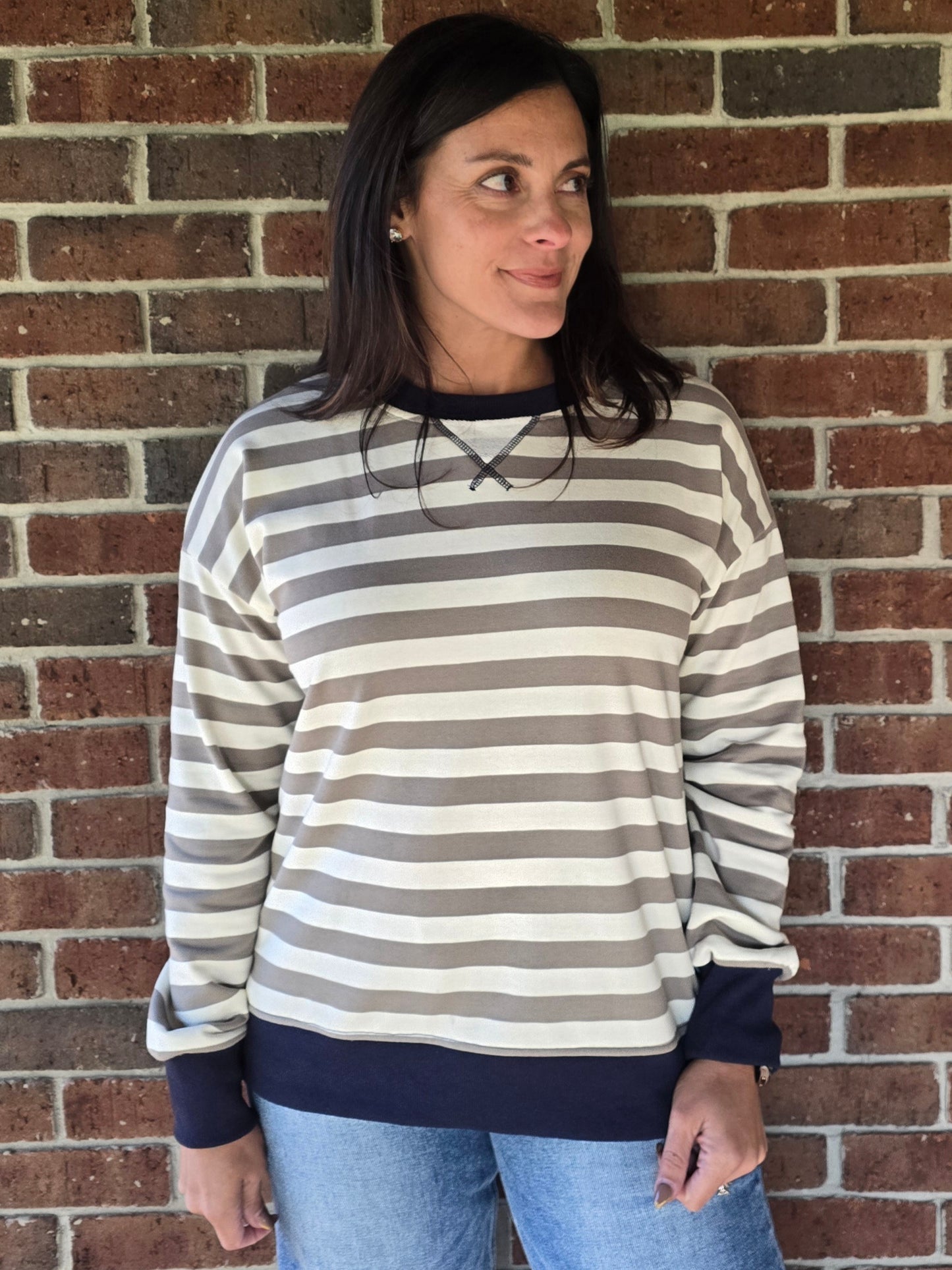 Navy Contrast Cream & Olive Stripe Pullover