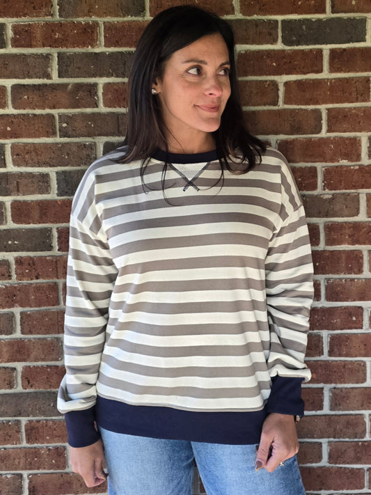 Navy Contrast Cream & Olive Stripe Pullover