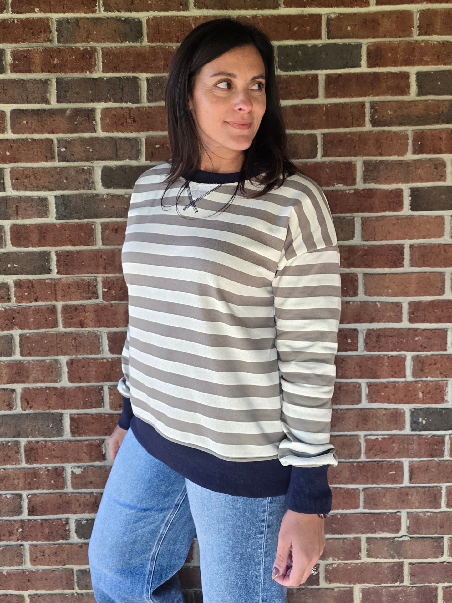 Navy Contrast Cream & Olive Stripe Pullover