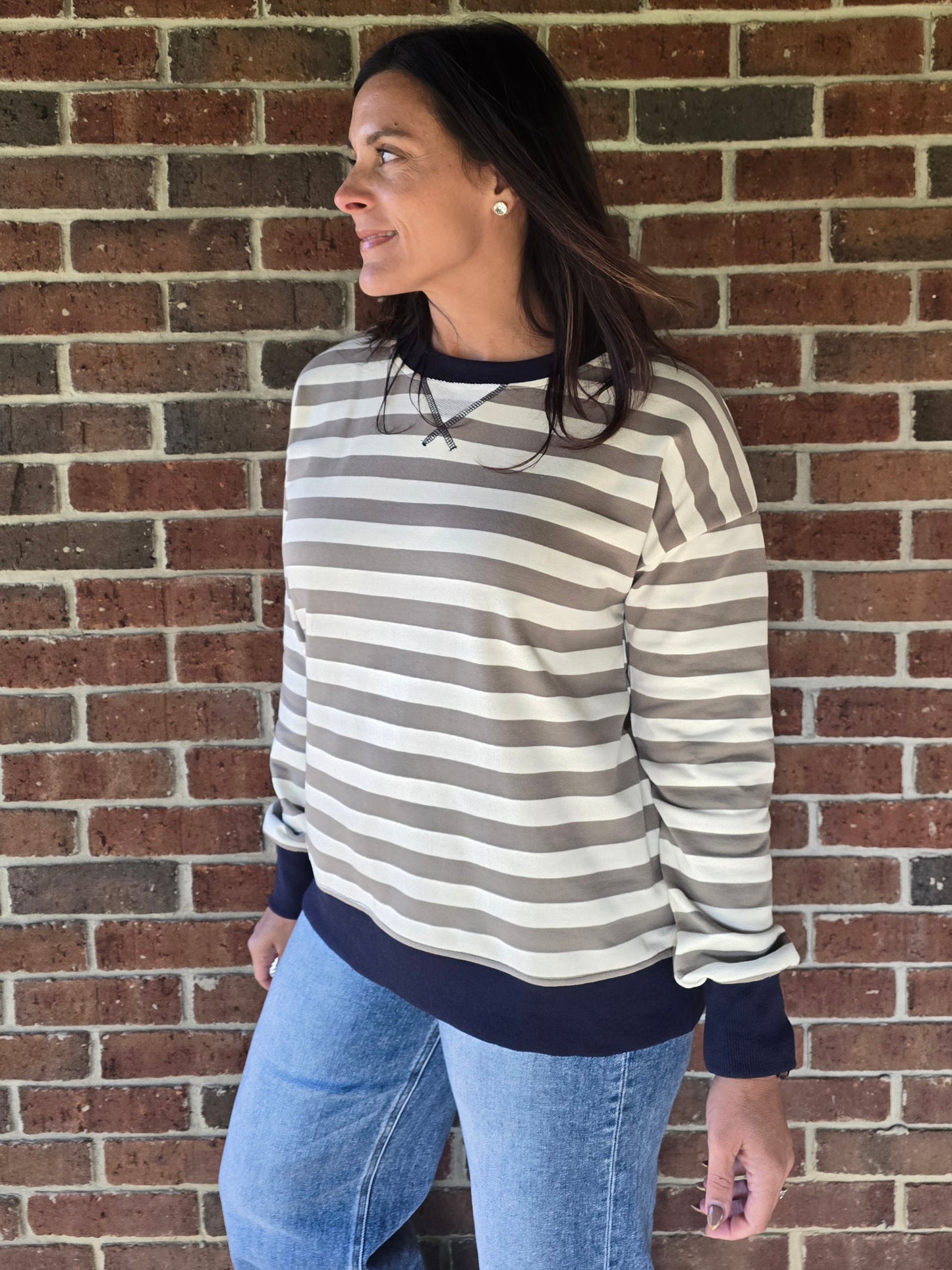 Navy Contrast Cream & Olive Stripe Pullover