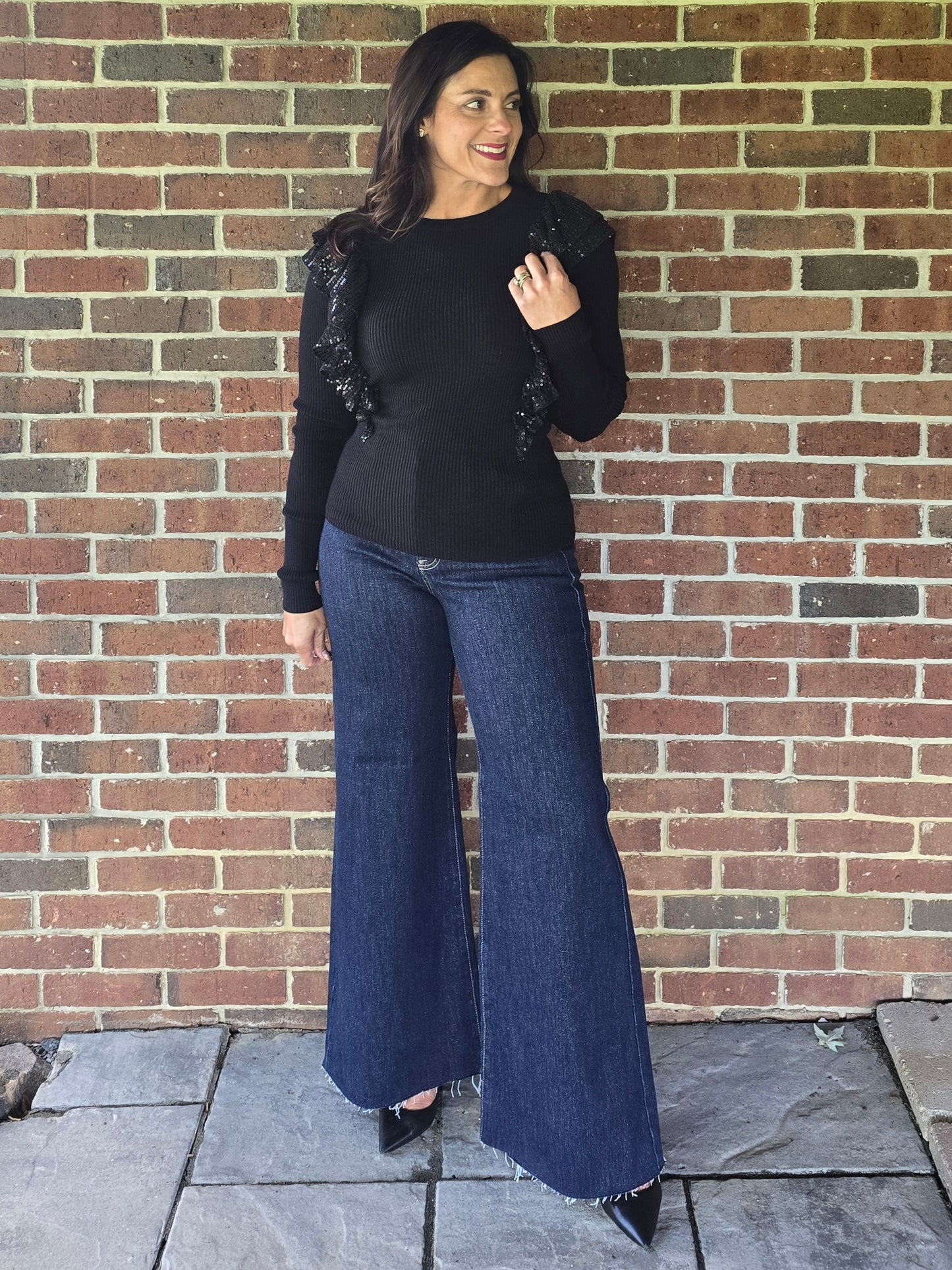 Sequin Ruffle Detail Knit Sweater