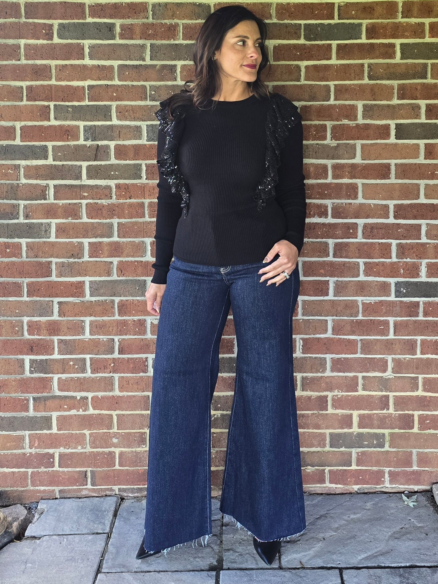 Sequin Ruffle Detail Knit Sweater