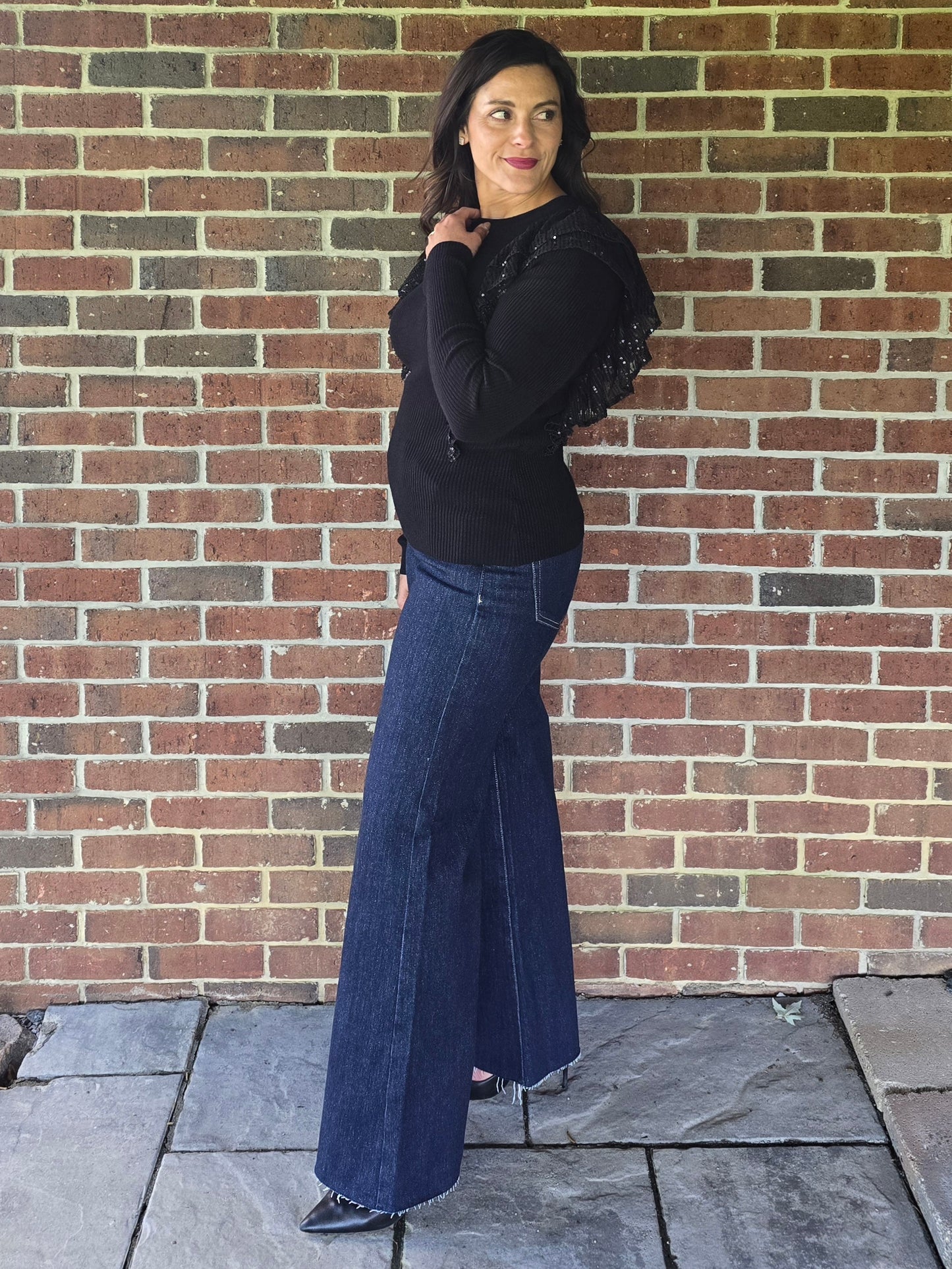 Sequin Ruffle Detail Knit Sweater