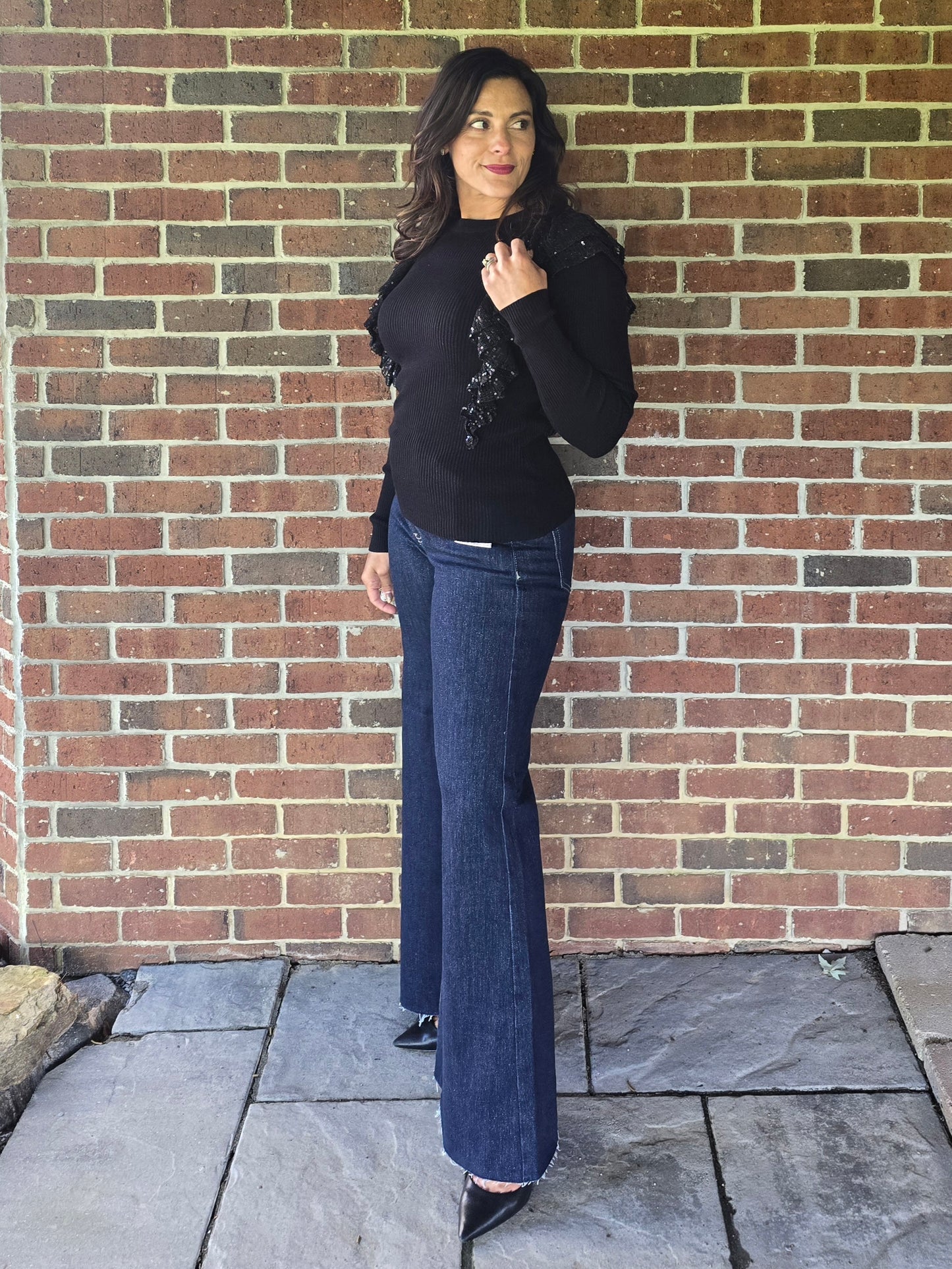 Sequin Ruffle Detail Knit Sweater