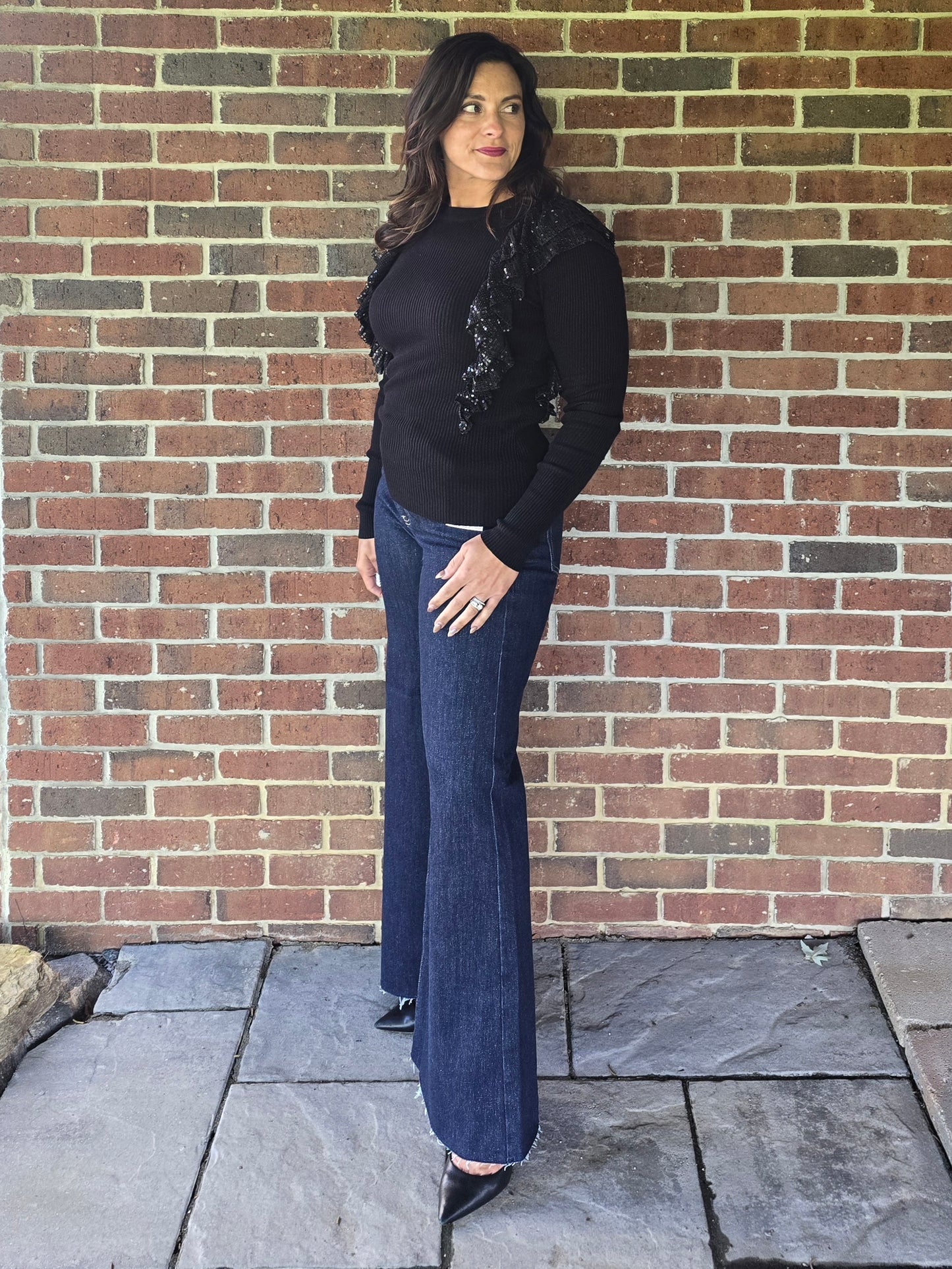 Sequin Ruffle Detail Knit Sweater