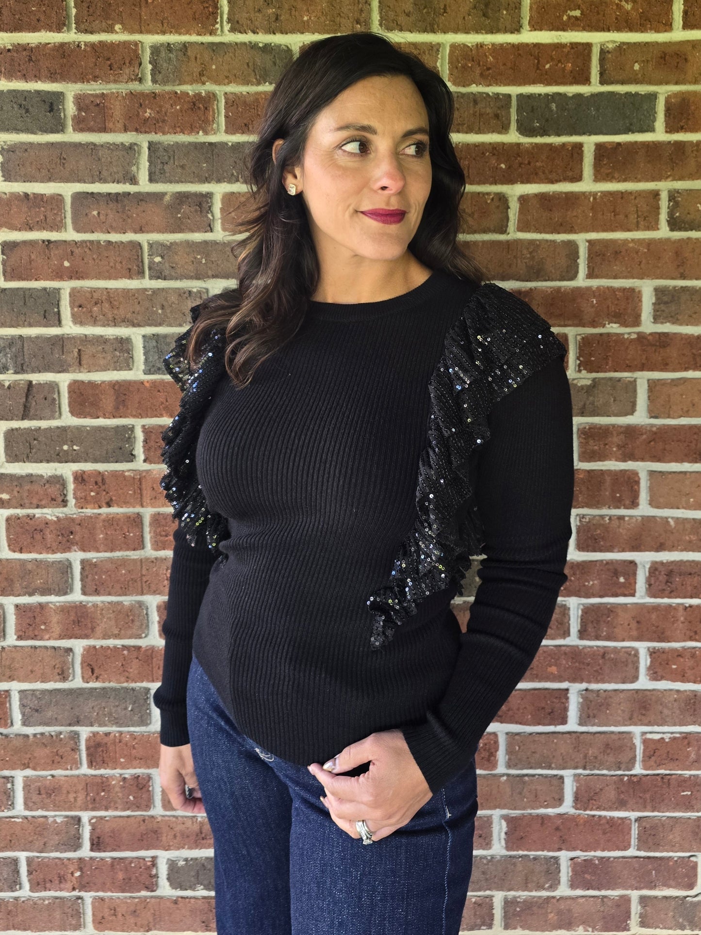 Sequin Ruffle Detail Knit Sweater