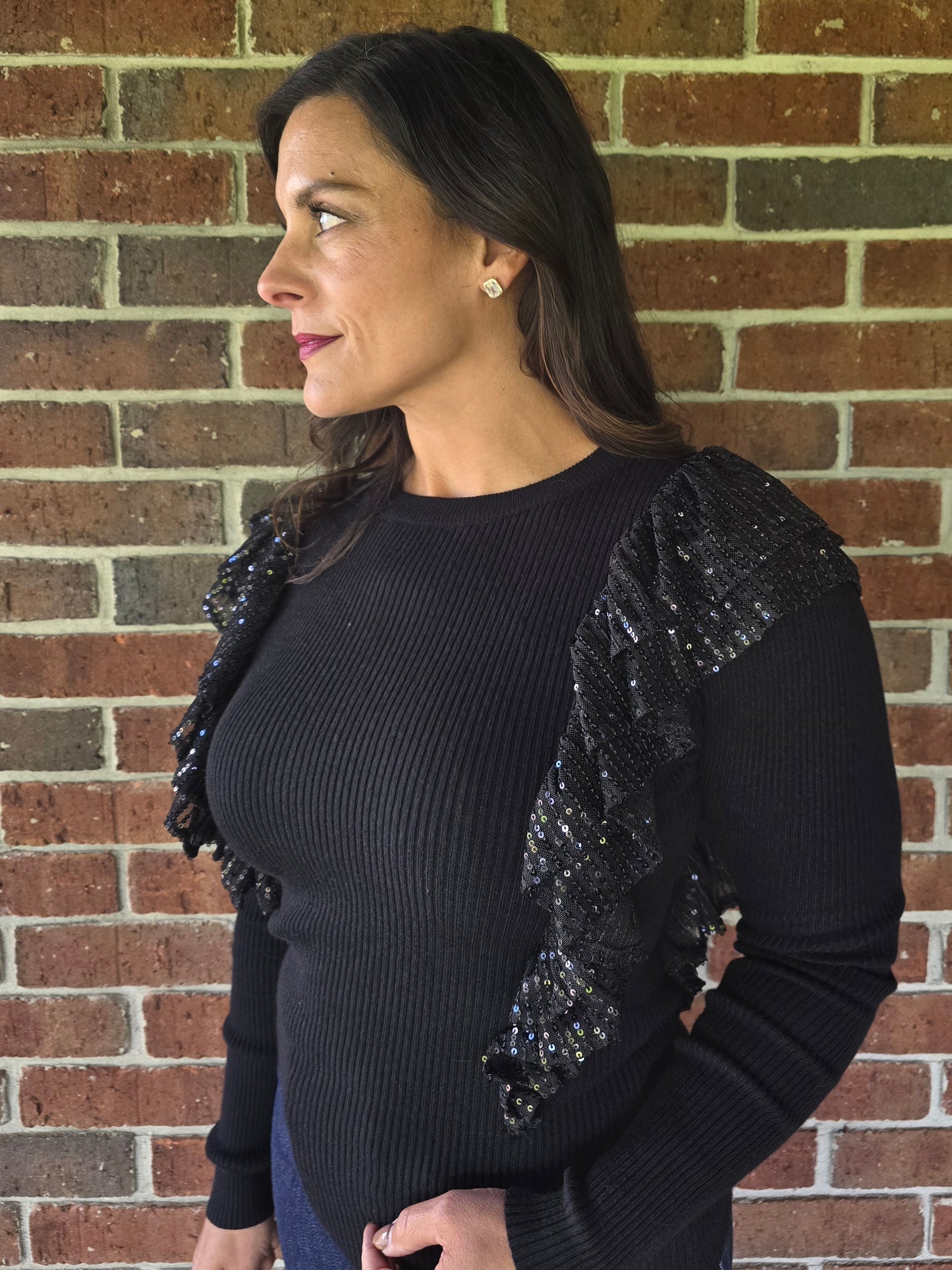 Sequin Ruffle Detail Knit Sweater