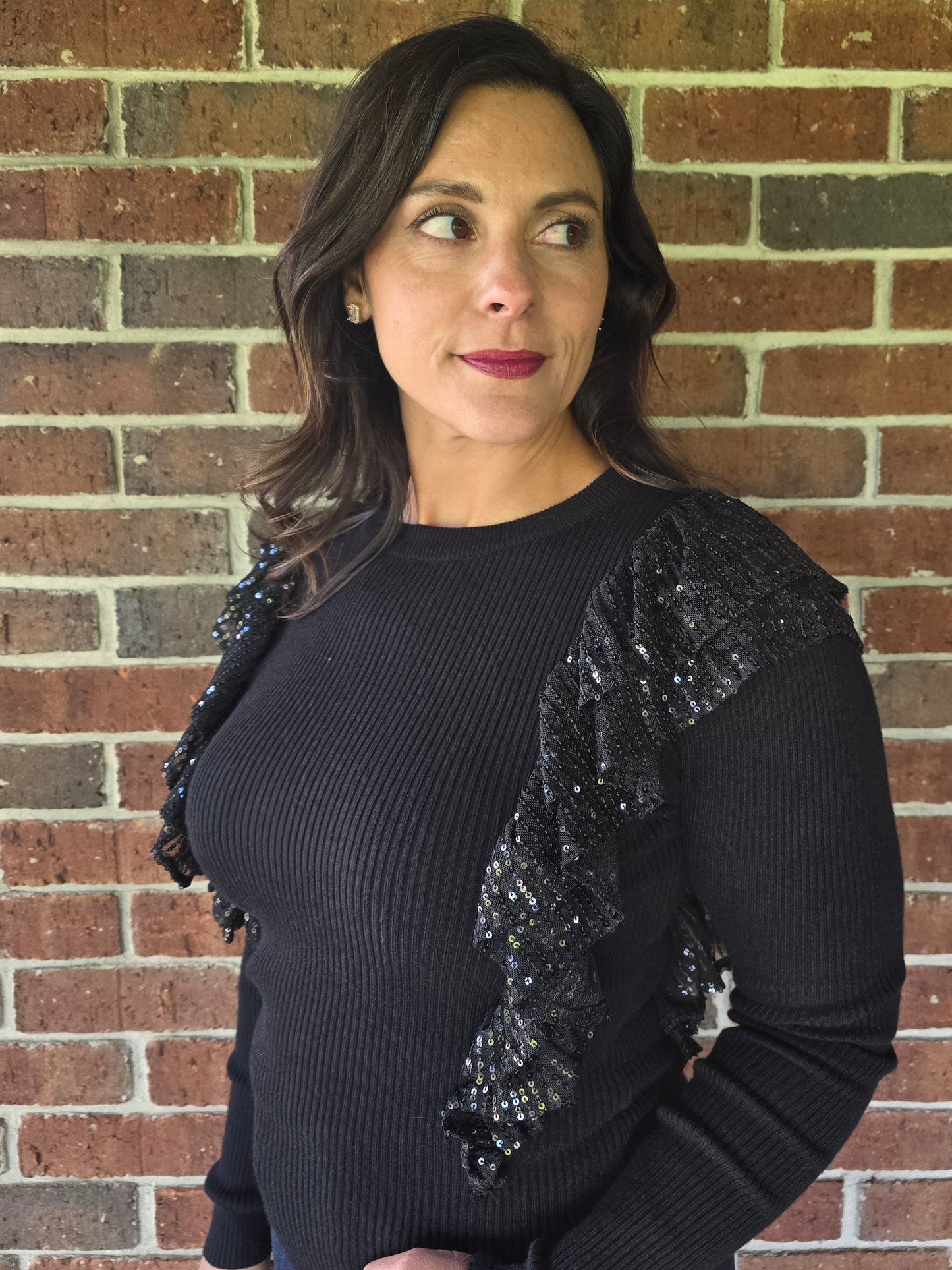 Sequin Ruffle Detail Knit Sweater