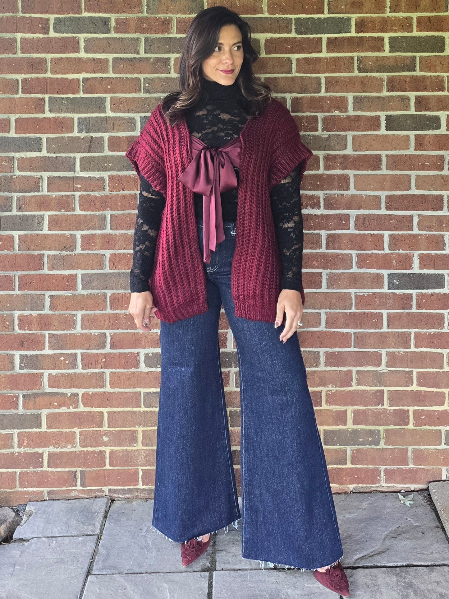 Wine Satin Bow Knit Cardigan