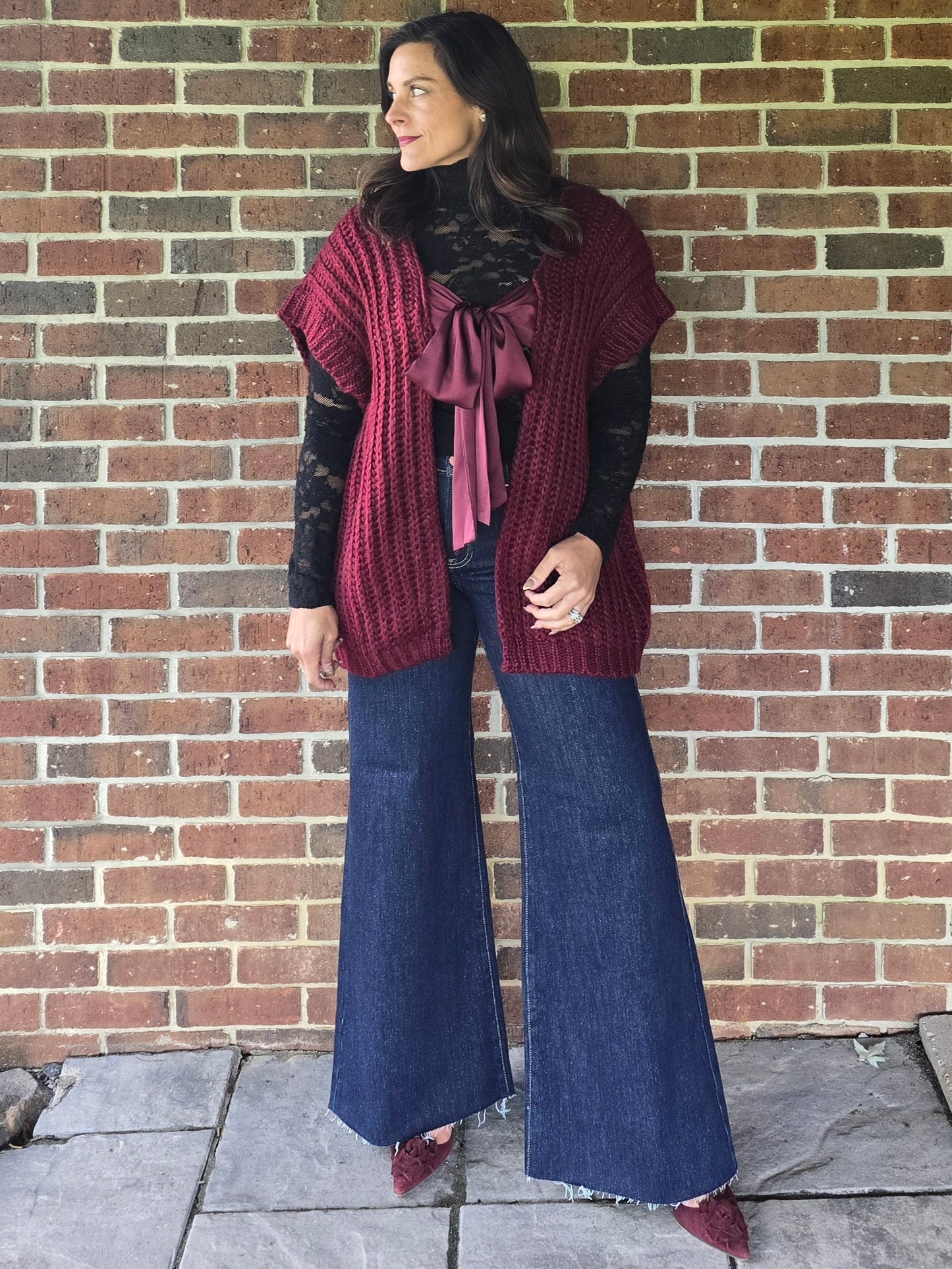 Wine Satin Bow Knit Cardigan