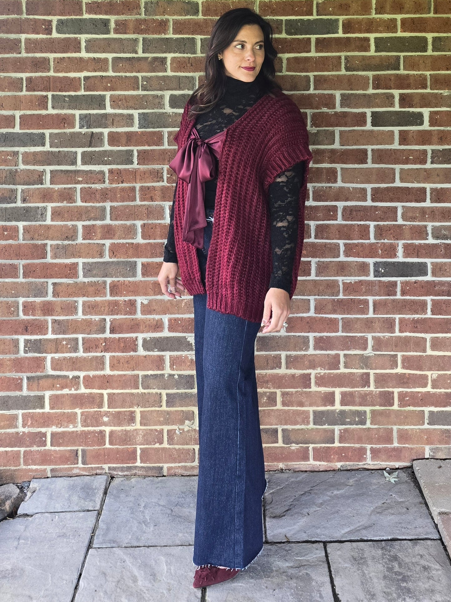 Wine Satin Bow Knit Cardigan