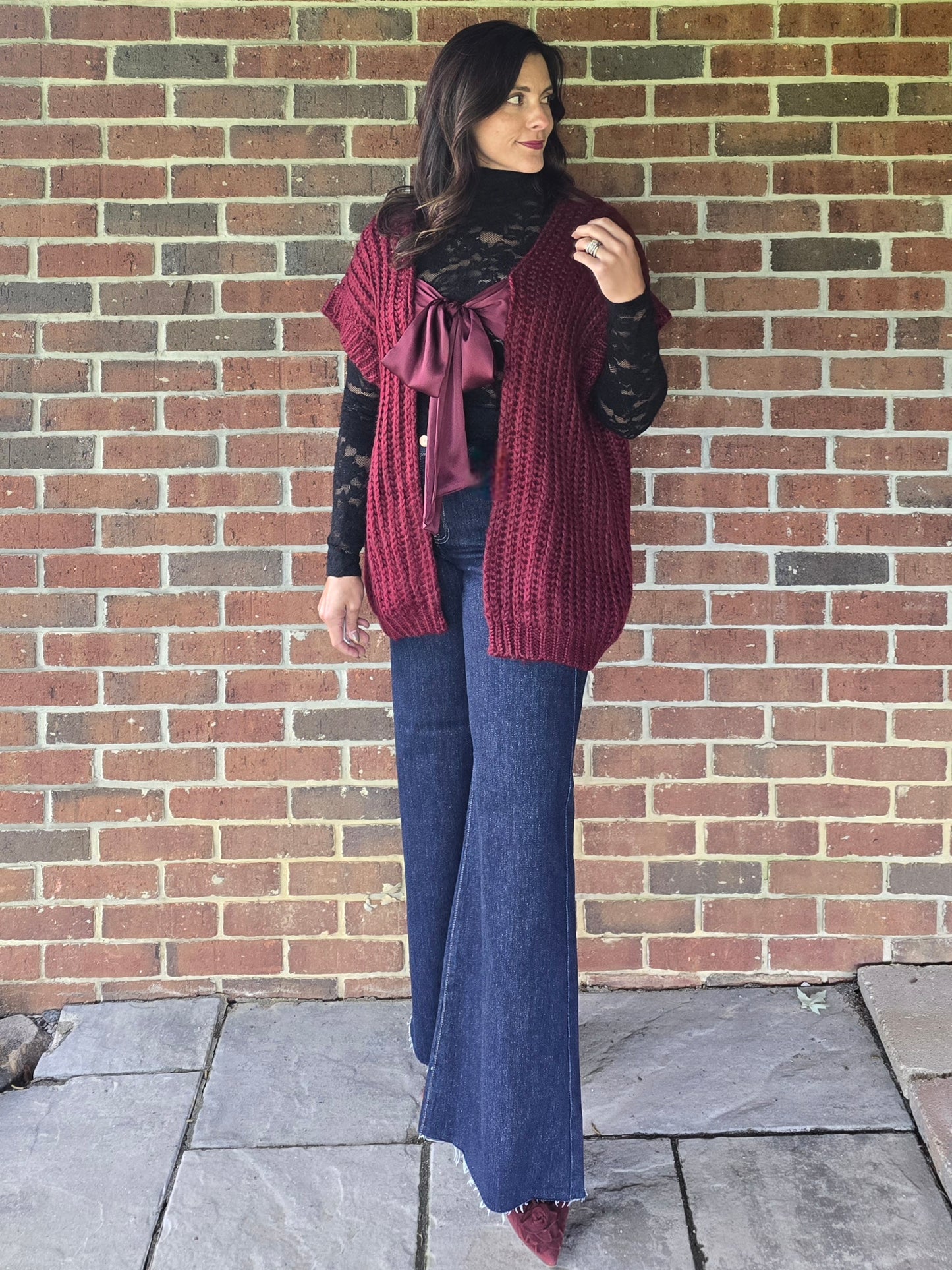 Wine Satin Bow Knit Cardigan