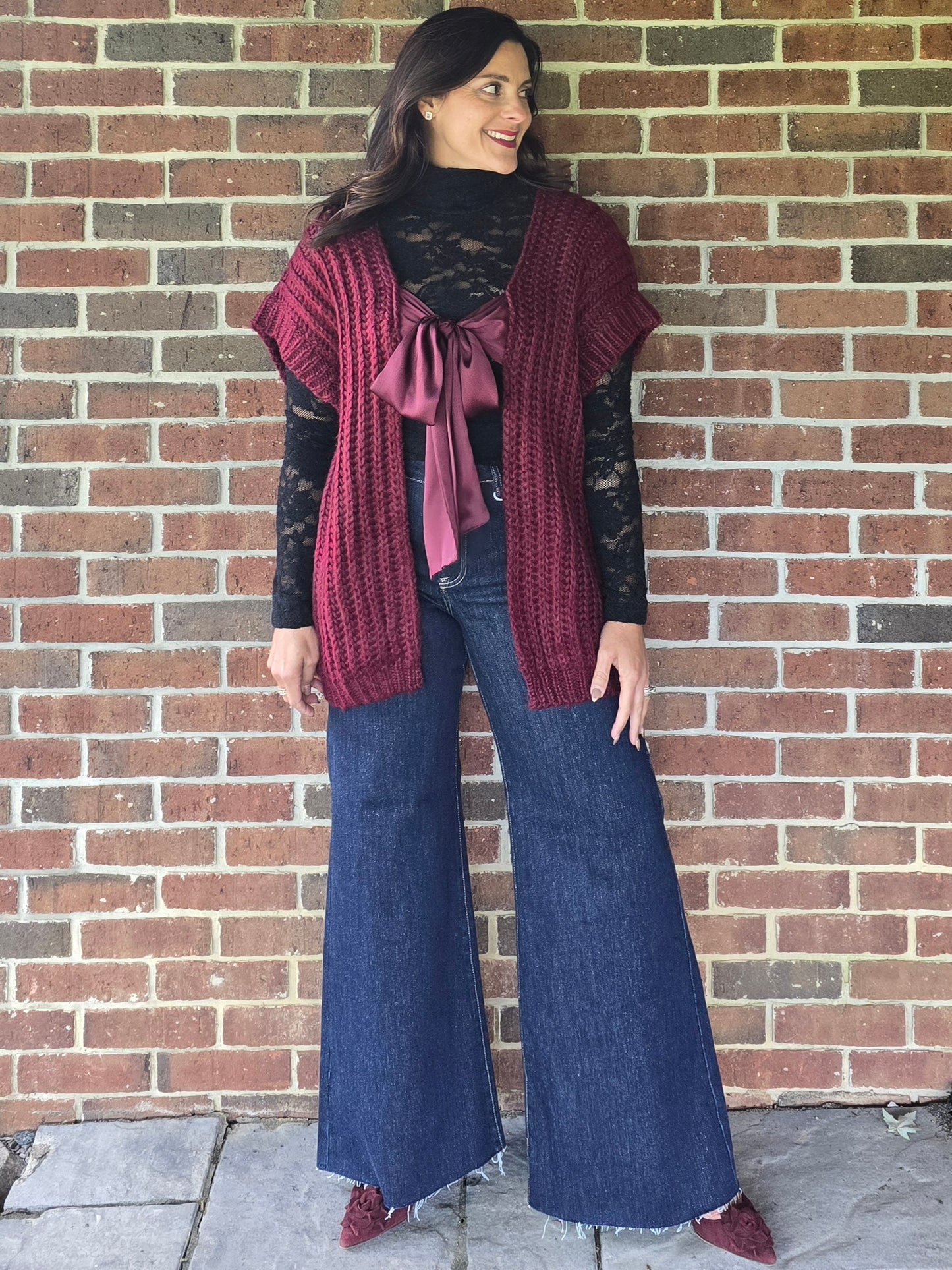 Wine Satin Bow Knit Cardigan