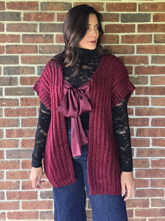 Wine Satin Bow Knit Cardigan